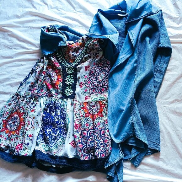 Nostalgia Tops - SEMI-MESH COTTON BLEND HOODED COVER-UP& COLORFUL COORDINATING MACRAME SUN TOP, S